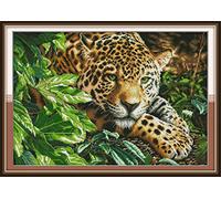 YEESAM ART New Counted Cross Stitch Kits Advanced - Leopard in The Bush - Embroidery Set Needlework DIY Handmade Christmas Gifts (Leopard, White)