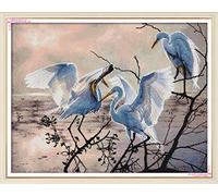YEESAM ART New Counted Cross Stitch Kits Advanced - Three Egrets On The Branch - Embroidery Set Needlework DIY Handmade Christmas Gifts (Egrets, White)