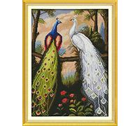 YEESAM ART® New Cross Stitch Kits Advanced - Forest Peacock 14 Count 34x46 cm White Canvas - Needlework Christmas Gifts