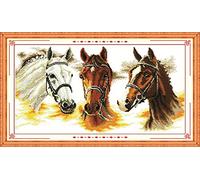 YEESAM ART® New Cross Stitch Kits Advanced - Three Horses 14 Count 55x32 cm White Canvas - Needlework Christmas Gifts