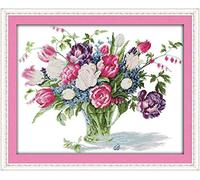 YEESAM ART® New Cross Stitch Kits Advanced - Tulip vase 14 Count 52x42 cm White Canvas - Needlework Christmas Gifts