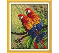 YEESAM ART® New Cross Stitch Kits Advanced - Two Parrots 14 Count 21x27 cm White Canvas - Needlework Christmas Gifts