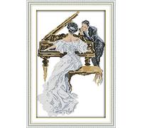 YEESAM ART® New Cross Stitch Kits Advanced - Woman Playing Piano 14 Count 34x49 cm White Canvas - Needlework Christmas Gifts