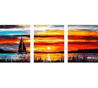 YEESAM ART New Paint by Numbers for Adults Set Pack of 3 Multi Pack Pieces Panels Canvas - Sailboat Riverside Romantic Sunset 3 x 16 * 20 inches Linen Canvas - DIY Digital Painting by Numbers Kits