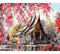 YEESAM ART Paint by Numbers for Adults Beginners Cherry Blossom Landscape 16x20 inch Linen Canvas Acrylic DIY Number Painting Kits Wall Art Decor Gifts