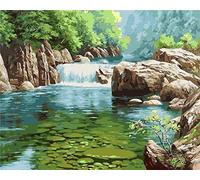 YEESAM ART Paint by Numbers for Adults Beginners Green Stream Creek 16x20 inch Linen Canvas Acrylic DIY Number Painting Kits Wall Art Decor Gifts (Framed)