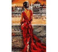 YEESAM ART Paint by Numbers for Adults Beginners Pretty Red Dress Woman 16x20 inch Linen Canvas Acrylic DIY Number Painting Kits Wall Art Decor Gifts (Framed)
