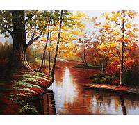 YEESAM ART Paint by Numbers for Adults Beginners River Autumn Forest Maple Trees 16x20 inch Linen Canvas Acrylic DIY Number Painting Kits Wall Art Decor Gifts