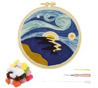 YEESAM ART Punch Needle Kit with Dreamy Nighttime Coastline Patterns, Full Set DIY Punch Needle Embroidery Set with Hoop Tool, Easy Craft for Adults Beginners