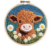 YEESAM ART Punch Needle Kit with Highland Cow Calf Daisy Flowers Patterns, Full Set DIY Punch Needle Embroidery Set with Hoop Tool, Easy Craft for Adults Beginners