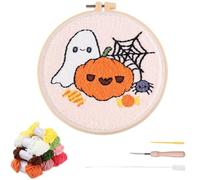 YEESAM ART Punch Needle Kit with Pumpkin Ghosts and Spiders Patterns, Full Set DIY Punch Needle Embroidery Set with Hoop Tool, Easy Craft for Adults Beginners