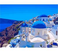 YEESAM ART Stationery Santorini Blue House, Paint by Numbers 16x20 inch DIY Painting Kits for Home Wall Decor (Santorini, Framed)