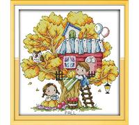 YEESAM ART Unstamped Cross Stitch Kits for Adults, Autumn Tree House 14ct Counted Unprinted Embroidery Kit Needlework Wall Art Decor