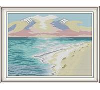 YEESAM ART Unstamped Cross Stitch Kits for Adults, Beach Footprints 14ct Counted Unprinted Embroidery Kit Needlework Wall Art Decor