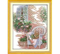 YEESAM ART Unstamped Cross Stitch Kits for Adults, Chair Outside The House 14ct Counted Unprinted Embroidery Kit Needlework Wall Art Decor