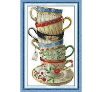 YEESAM ART Unstamped Cross Stitch Kits for Adults, Exquisite Coffee Cups Tea Cups 14ct Counted Unprinted Embroidery Kit Needlework Wall Art Decor