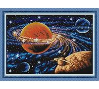YEESAM ART Unstamped Cross Stitch Kits for Adults, Galaxy Planet Galactic System 14ct Counted Unprinted Embroidery Kit Needlework Wall Art Decor