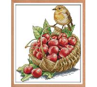 YEESAM ART Unstamped Cross Stitch Kits for Adults, Little Bird and Cherry 14ct Counted Unprinted Embroidery Kit Needlework Wall Art Decor