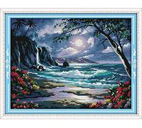YEESAM ART Unstamped Cross Stitch Kits for Adults, Seaside Moon Sea 14ct Counted Unprinted Embroidery Kit Needlework Wall Art Decor