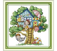 YEESAM ART Unstamped Cross Stitch Kits for Adults, Spring Tree House 14ct Counted Unprinted Embroidery Kit Needlework Wall Art Decor