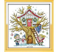 YEESAM ART Unstamped Cross Stitch Kits for Adults, Winter Tree House 14ct Counted Unprinted Embroidery Kit Needlework Wall Art Decor
