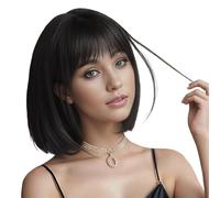 YEESHEDO 12 Inch Short Bob Black Wig with Bans for Women Synthetic Hair Straight Wigs with Fringe