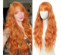 YEESHEDO Copper Orange Women's Wig Long Wave Wigs for Women with Bangs, Natural Curly Wavy Synthetic Replacement Hair for Party Cosplay Halloween 28 Inches (Orange)