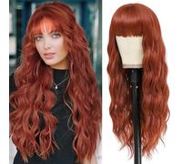 YEESHEDO Long Auburn Red Wigs for Women with Fringe Natural Looking Curly Wavy Synthetic Hair for Ladies Daily or Halloween Cosplay,28 Inches