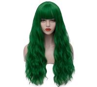YEESHEDO Long Green Hair Wigs with Fringe for Women Girls Natural Curly Wavy Synthetic Colorful Wig for Festival Fairy Halloween Outfit Party Cosplay or Daily 28 Inches