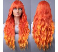 YEESHEDO Long Hair Wigs for Women Natural Wavy Curly Synthetic Wigs with Fringe Organge Fire Wig for Party Cosplay or Daily 28 Inches