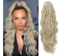 YEESHEDO Long Wavy Platinum Silver Blonde Drawstring Ponytail Hair Extension for Women Ladies Everyday Wear,Natural Pony tail Clip in Curly Synthetic Hairpiece 26 Inches
