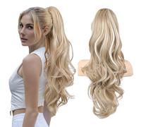 YEESHEDO Long Wavy Ponytail Hair Extension for Women Drawstring Ponytail Hair Extensions Clip in Curly Synthetic Hairpiece Brown with White Blonde 26 Inches