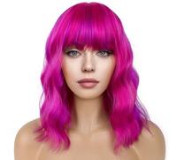 YEESHEDO Short Hot Pink Wig Pastel Wavy Bob Wig with Fringe Natural Looking Synthetic Hair Wigs for Women Girls Party Or Daily Wear 14inch,Hot Pink/purple
