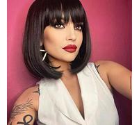 YEESHEDO Women's Dark Brown Short Bob Wigs Straight with Flat Bangs Colorful Hair Cosplay Party Halloween Costume Replacement Wig for Girls Heat Resistant Synthetic Natural As Real Hair 12" (4#)