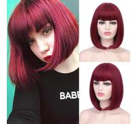 YEESHEDO Women's Short Bob Red Wigs Straight with Flat Bangs Colorful Hair Cosplay Party Halloween Costume Replacement Wig for Women Heat Resistant Synthetic Natural As Real Hair 12"(Wine red)