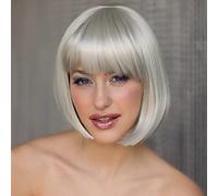 YEESHEDO Women's Short Bob Wigs Straight with Bangs Colorful Hair Cosplay Party Halloween Costume Replacement Heat Resistant Wig for Ladies Synthetic Natural As Real Hair 12"(Silver grey)