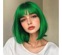 YEESHEDO Women's Short Bob Wigs Straight with Flat Bangs Colorful Hair Cosplay Party Halloween Costume Replacement Wig for Girls Heat Resistant Synthetic Natural As Real Hair 12" (Green)