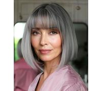 YEESHEDO Women's Short Bob Wigs Straight with Flat Bangs Colorful Hair for Cosplay Party Halloween Costume Replacement Wig for Girls 12" (Gray wiht Dark root)