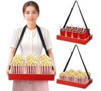yeesport 2 Pcs Wooden Snack Trays with Straps, Handheld Serving Trays with Adjustable Shoulder Straps, Movie Popcorn Beverage Carriers, Vintage Red Drinking Holders for Parties and Picnics