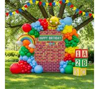 yeewaka Sesame Friends party decorations Kit with cartoon Theme primary color Balloon and ABC123 Box brick wall birthday backdrop for kid birthday Kindergarten pre k back to school supplies