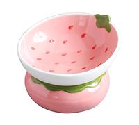 Yeexoxow Ceramic Raised Cat Bowl, Pink Elevated Cat Food Bowl for Indoor Cats, Anti Vomiting & Protect Pet's Spine, Cute Tilted Cat Dish for Flat Faced Cats and Kitten (Strawberry Shaped)