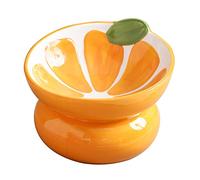Yeexoxow Ceramic Raised/Elevated Cat Food Bowl for Indoor Cats, Anti Vomiting & Protect Pet's Spine, Cute Fruit Themed Tilted Cat Dish for Flat Faced Cats and Kitten (Orange Shaped)