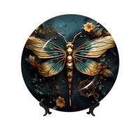 yefan Gold Color Delicate Dragonfly Flower 10in Decorative Plate with Stand, Suitable for Studies, Offices, entryways, etc.
