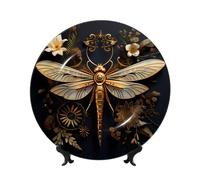 yefan Gold Exquisite Dragonfly 10in Decorative Plate with Stand, Suitable for Studies, Offices, entryways, etc.