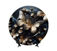 yefan Gold White Butterflies Black 7in Decorative Plate with Stand, Suitable for Studies, Offices, entryways, etc.