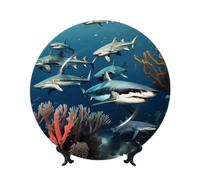 yefan Sharks Under the sea 10in Decorative Plate with Stand, Suitable for Studies, Offices, entryways, etc.