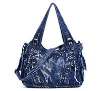 YeFine Casual Washed Denim Shoulder Bags Top Handle Lady's Hobo Bags Women Purses And Handbags, Rhinestones Blue, L