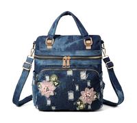 YeFine Washed Denim Backpack for Women Y2K Purses Ladies Daypack Casual Floral Embroidered Blue Jean Shoulder Bags, Deep Blue, M, Casual