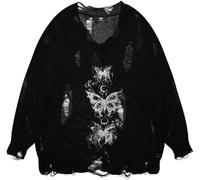 YeGang Women's Emo Sweater - Y2k Butterfly Pattern Punk Gothic Long Sleeves Knit Pullover Goth Grunge Loose Oversized Ripped Shirts Harajuku Aesthetic Halloween Tops Retro Streetwear (L,Black)
