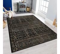 YEGRFJIS Black Tribal Accen Intricate Geometric Design Mat - Gold Ethnic Carpet - Bohemian Area Rug - African Inspire Modern Anti-Slip Runner, Suitable for living room and bedroom(190x250cm)